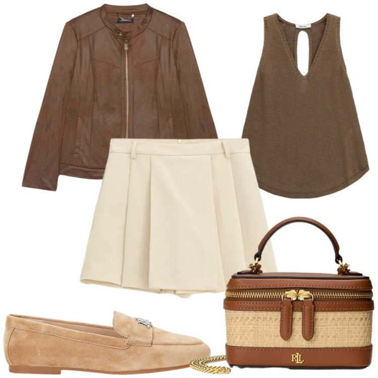 Outfit donna - Curve in movimento - trendy. Stile Trendy per Tutti i giorni. Abbinamento con blazer, shorts, top, mocassini, borse a tracolla.