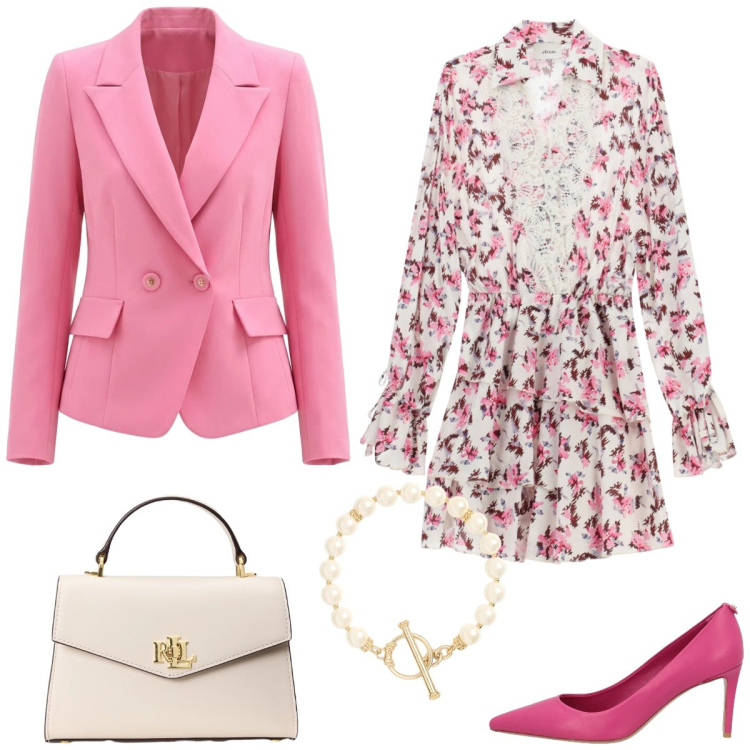 Outfit donna - Cerimonia. Stile Romantica per Cerimonia. Abbinamento con décolleté, blazer, vestiti corti, borse a mano, braccialetti.