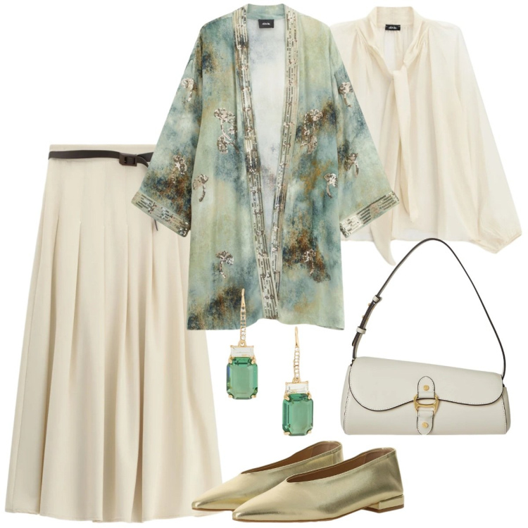 Outfit donna - Curve in movimento-Focus Donna Curvy. Stile Chic per Cerimonia. Abbinamento con ballerine, blazer, bluse, gonne lunghe, borse a spalla, orecchini.