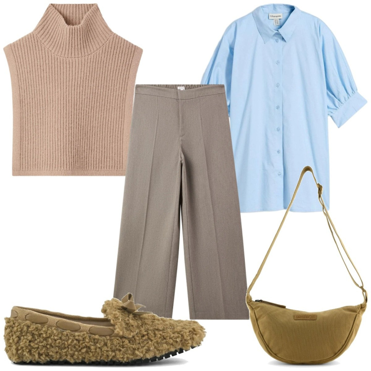 Outfit donna - Curve in movimento - ufficio trendy. Stile Trendy per Ufficio. Abbinamento con camicie, cappotti, pantaloni, borse a tracolla, mocassini.