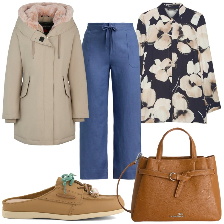 Outfit donna - Curve in movimento - floreale. Stile Trendy per Tutti i giorni. Abbinamento con camicie, borse a mano, parka, pantaloni, sabot.