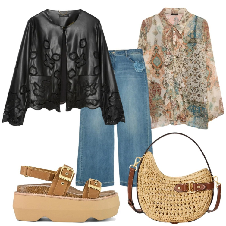 Outfit donna - Curve in movimento - etnico. Stile Etnico per Tutti i giorni. Abbinamento con jeans, blazer, camicie, borse a tracolla, sandali col tacco.