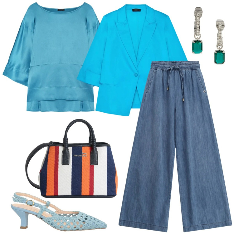 Outfit donna - Colori che illuminano-Focus Donna Curvy. Stile Casual chic per Tutti i giorni. Abbinamento con décolleté, bluse, blazer, shopping bag, jeans, orecchini.