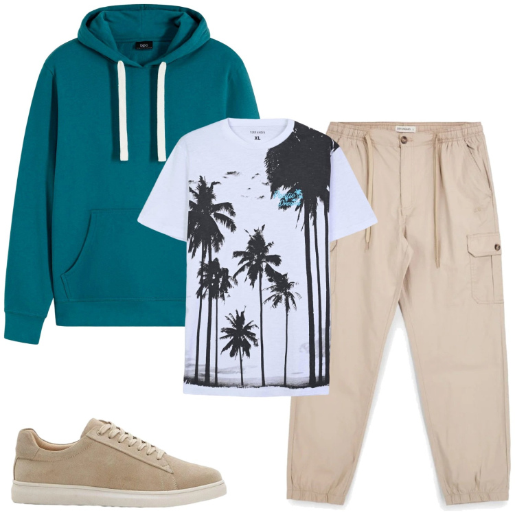 Outfit uomo - Total look #2376339. Stile Casual per Tutti i giorni. Abbinamento con felpe con cappuccio, sneakers, t-shirt, pantaloni cargo.