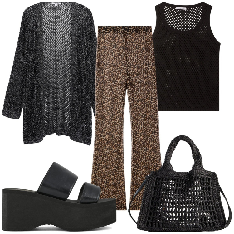 Outfit donna - Curve in movimento - 70s. Stile 70s per Tutti i giorni. Abbinamento con borse a tracolla, kimono, pantaloni, top, zeppe.