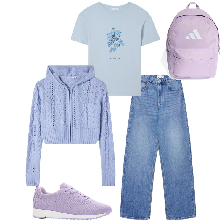 Outfit donna - Primavera in libertà. Stile Casual per Tutti i giorni. Abbinamento con sneakers, t-shirt, cardigans, zaini, jeans.