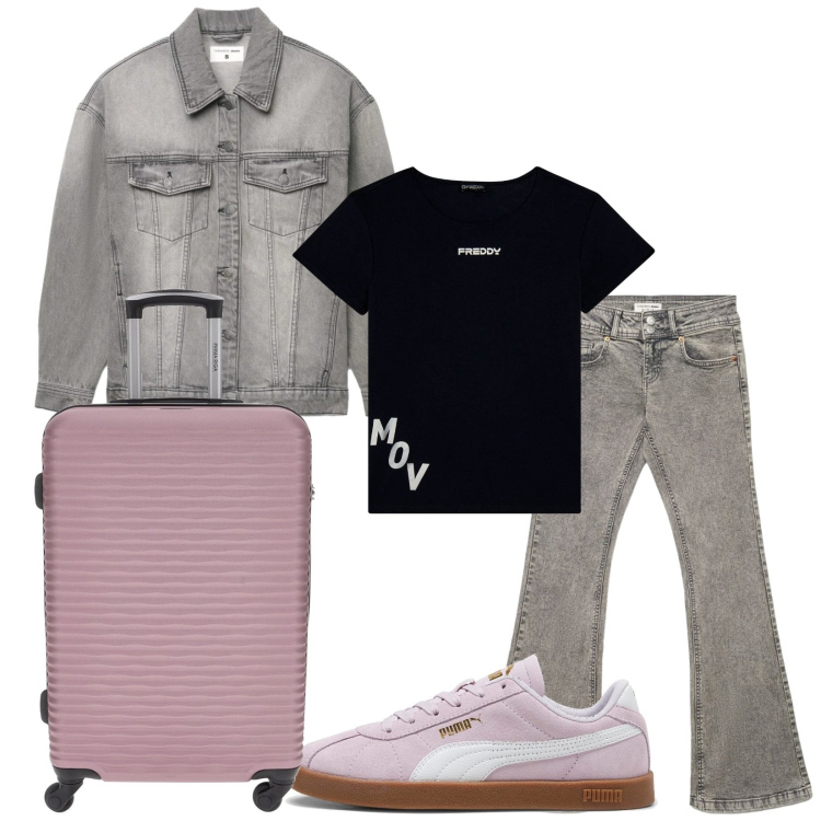 Outfit donna - Total look #2376348. Stile Casual chic per Tutti i giorni. Abbinamento con t-shirt, sneakers, valigie, cappotti, jeans a zampa.