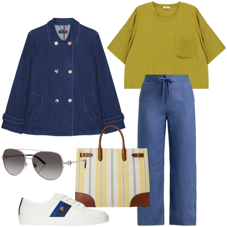 Outfit donna - Weekend. Stile Casual chic per Tutti i giorni. Abbinamento con trench, t-shirt, sneakers, occhiali da sole, pantaloni, borse tote.
