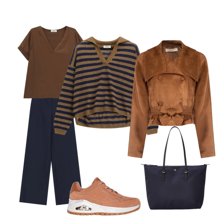 Outfit donna - I giorni feriali. Stile Basic per Tutti i giorni. Abbinamento con giacche, maglieria, t-shirt, pantaloni a palazzo, borse tote, sneakers.
