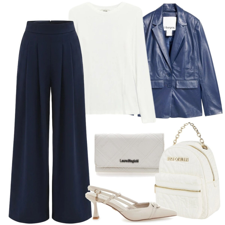 Outfit donna - Il pantalone protagonista di aprile. Stile Casual chic per Ufficio. Abbinamento con zaini, blazer, pantaloni a palazzo, t-shirt, portafogli, décolleté.