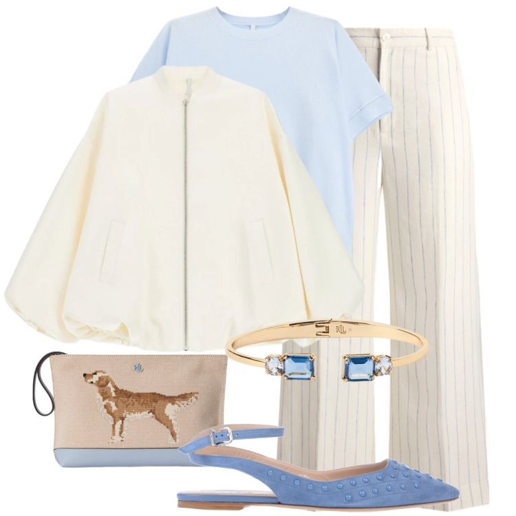 Outfit donna - Azzurro pastello. Stile Casual chic per Tutti i giorni. Abbinamento con ballerine, t-shirt, bomber, pochette, braccialetti, pantaloni.