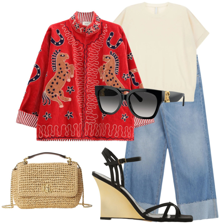 Outfit donna - Rosso glamour. Stile Glamour per Tutti i giorni. Abbinamento con t-shirt, jeans, cappotti, sandali col tacco, borse a spalla, occhiali da sole.