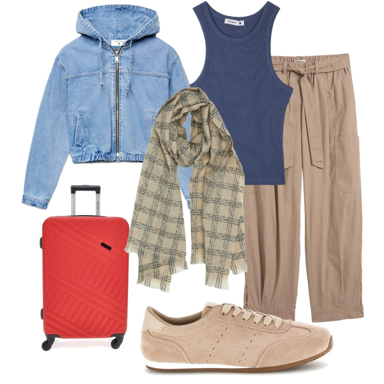 Outfit donna - In partenza. Stile Casual per Tutti i giorni. Abbinamento con pantaloni cargo, bomber, sneakers, sciarpe, valigie, canottiere.