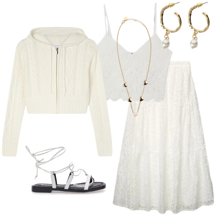 Outfit donna - L\'outfit in pizzo. Stile Romantica per Tutti i giorni. Abbinamento con orecchini, collane, sandali alla schiava, cardigans, gonne lunghe, top.