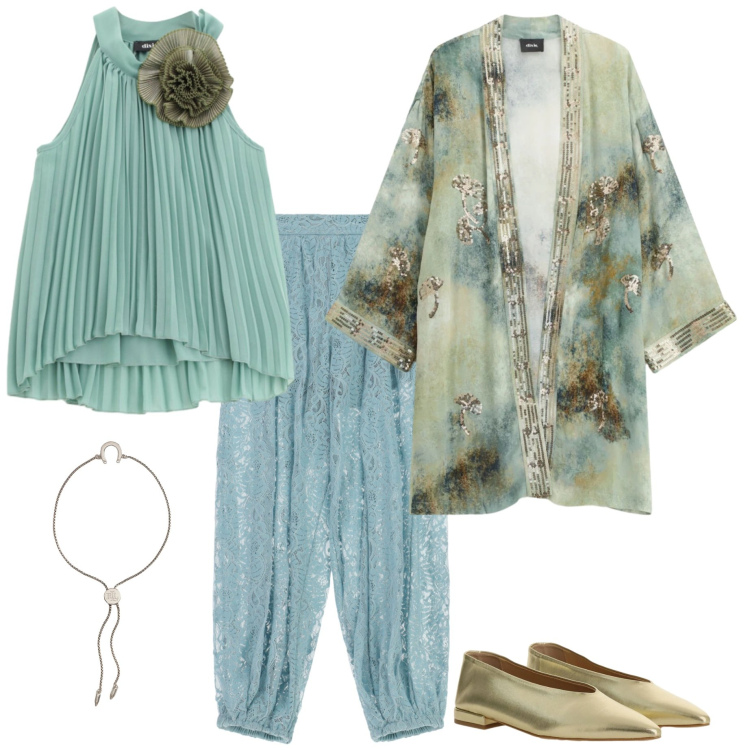 Outfit donna - Colori che illuminano. Stile Casual chic per Serata fuori. Abbinamento con pantaloni a palazzo, ballerine, blazer, top, braccialetti con ciondoli.