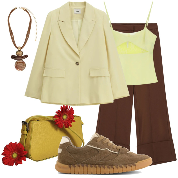 Outfit donna - Pasqua in giallo. Stile Casual chic per Tutti i giorni. Abbinamento con ciondoli, canottiere, pantaloni a palazzo, blazer, borse a spalla, sneakers.