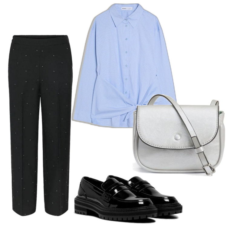 Outfit mujer - Urban style. Estilo Urban para Oficina. Combinación con pantalones, mocasines, bolsos de mano, camisas.