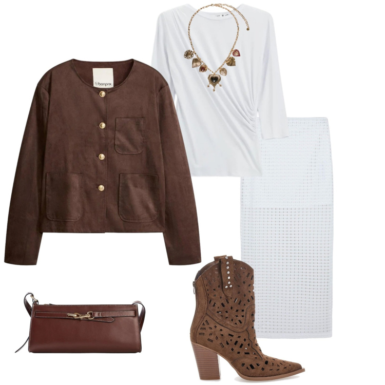 Outfit donna - Sporty chic. Stile Sporty chic per Serata fuori. Abbinamento con blazer, borse a tracolla, collane, top, gonne lunghe, stivaletti texani.