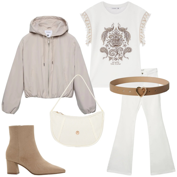 Outfit donna - Light as Cloud. Stile Trendy per Tutti i giorni. Abbinamento con stivaletti, borse a mano, t-shirt, cinture, jeans a zampa, bomber.