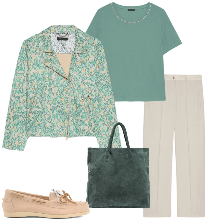 Outfit donna - Aprile. Stile Urban per Ufficio. Abbinamento con blazer, pantaloni, t-shirt, borse a mano, mocassini.