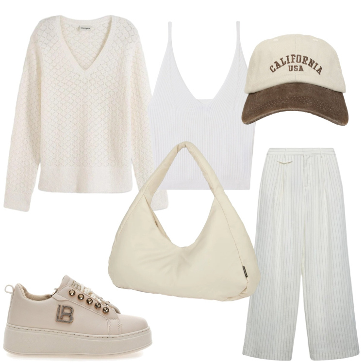 Outfit donna - Casual chic. Stile Casual chic per Tutti i giorni. Abbinamento con maglieria, pantaloni, top, cappelli con visiera, borse a spalla, sneakers.