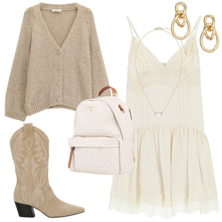 Outfit donna - Il bianco con grinta. Stile Trendy per Tutti i giorni. Abbinamento con stivali, zaini, cardigans, vestiti corti, orecchini, collane.