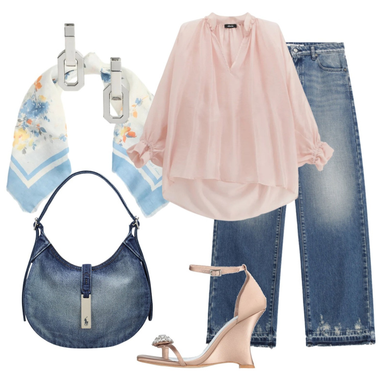 Outfit donna - Aperitivo in vacanza. Stile Glamour per Serata fuori. Abbinamento con ciabatte, bluse, jeans, borse a spalla, orecchini, foulard.