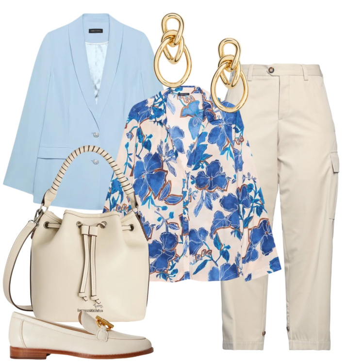 Outfit donna - Il look perfetto per la primavera. Stile Casual chic per Tutti i giorni. Abbinamento con pantaloni cargo, camicie, blazer, borse a secchiello, orecchini, mocassini.