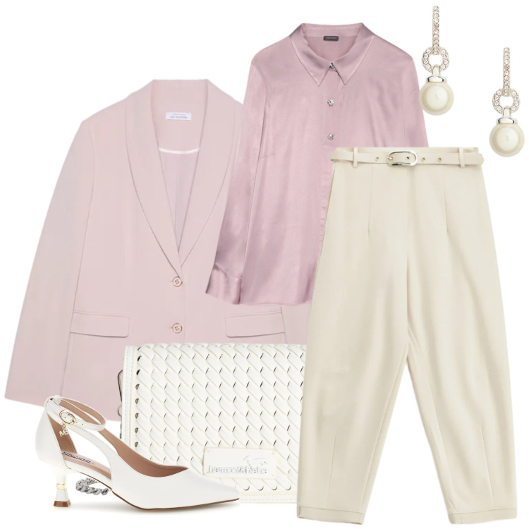 Outfit donna - Sinfonia in Rosa Cipria. Stile Casual chic per Tutti i giorni. Abbinamento con blazer, camicie, borse a tracolla, pantaloni, orecchini, décolleté.