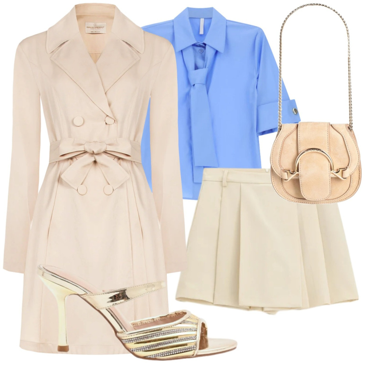 Outfit donna - Mini e trench. Stile Glamour per Serata fuori. Abbinamento con marsupi, camicie a manica corta, shorts, sabot, trench.