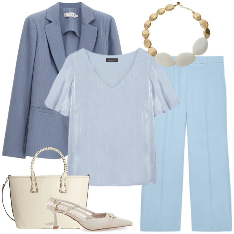 Outfit donna - Blue Devotion. Stile Casual chic per Tutti i giorni. Abbinamento con pantaloni, bluse, shopping bag, collane, blazer, décolleté.