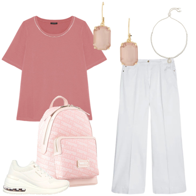 Outfit donna - Pink Energy. Stile Casual chic per Tutti i giorni. Abbinamento con zaini, pantaloni, t-shirt, braccialetti, orecchini, sneakers alte.