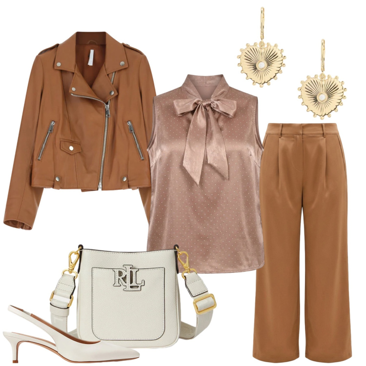 Outfit donna - Carattere e Seta. Stile Casual chic per Tutti i giorni. Abbinamento con giacche, pantaloni a palazzo, canottiere, décolleté, borse a tracolla, orecchini.