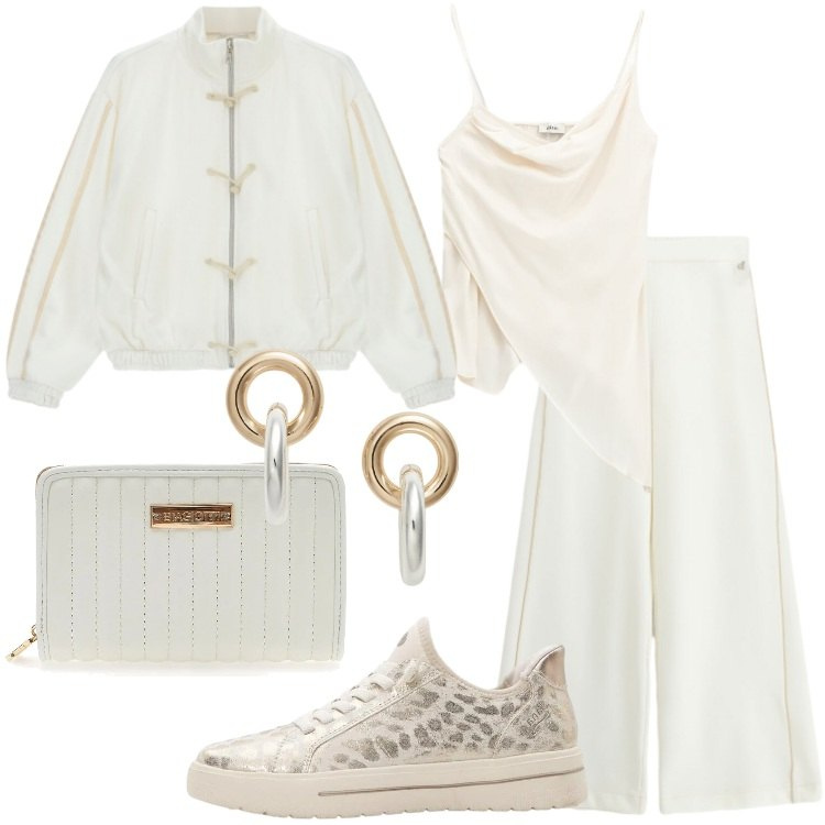 Outfit donna - Light as Cloud. Stile Trendy per Serata fuori. Abbinamento con sneakers, top, felpe, pantaloni a palazzo, orecchini, portafogli.