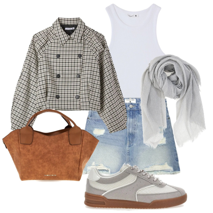 Outfit donna - Minigonna in jeans. Stile Urban per Scuola/Università. Abbinamento con borse a mano, foulard, canottiere, minigonne, caban, sneakers.