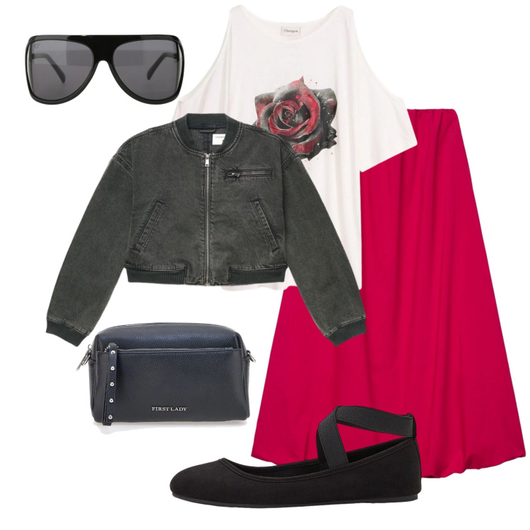 Outfit donna - Mix tra musica rock e classica. Stile Urban per Ufficio. Abbinamento con ballerine, bluse, occhiali da sole, borse a tracolla, gonne lunghe, bomber.