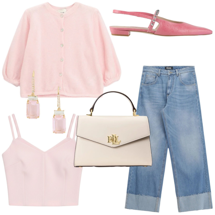 Outfit donna - Primavera stilosa. Stile Chic per Tutti i giorni. Abbinamento con ballerine, top, jeans, cardigans, orecchini, borse a mano.