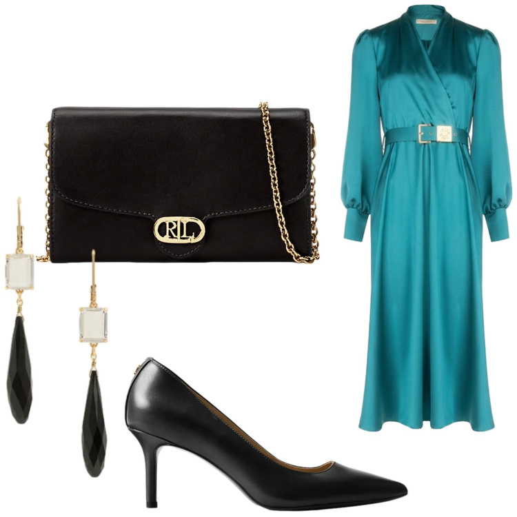 Outfit donna - L\'abito verde petrolio. Stile Romantica per Cerimonia. Abbinamento con vestiti midi/longuette, borse a tracolla, décolleté, orecchini.