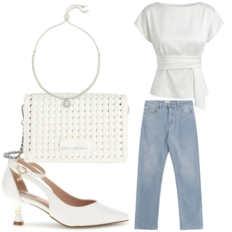 Outfit donna - Il bianco che da luce. Stile Basic per Tutti i giorni. Abbinamento con borse a tracolla, bluse, jeans, braccialetti, décolleté.
