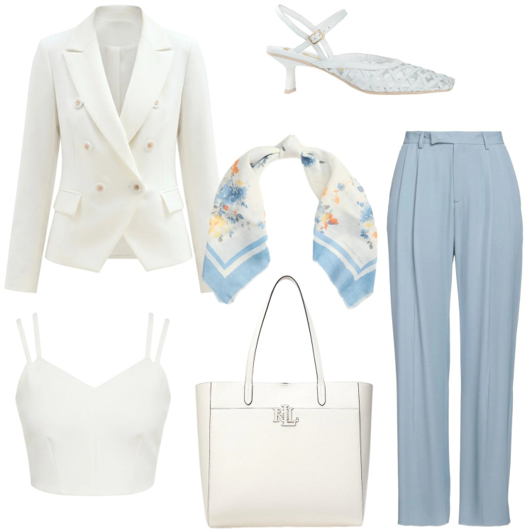Outfit donna - Glamour. Stile Glamour per Tutti i giorni. Abbinamento con pantaloni, décolleté, blazer, top, borse tote, foulard.