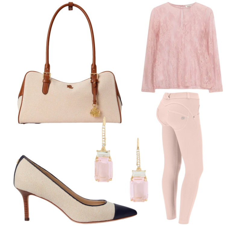 Outfit donna - Beige e rosa. Stile Casual chic per Tutti i giorni. Abbinamento con top, pantaloni skinny, décolleté, borse a mano, orecchini.