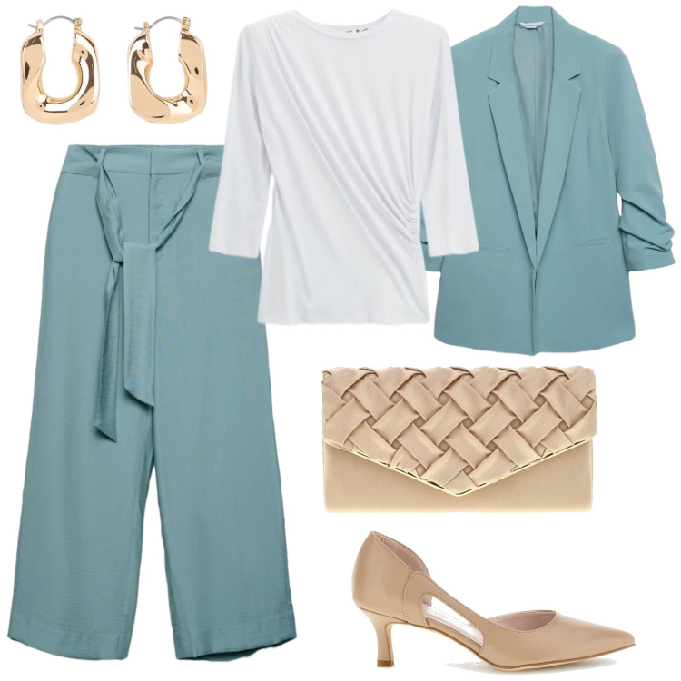 Outfit donna - Cerimonia primaverile. Stile Bon Ton per Cerimonia. Abbinamento con orecchini, top, blazer, pantaloni a palazzo, pochette, décolleté.