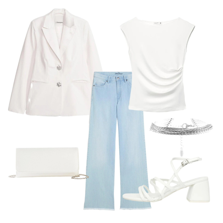Outfit donna - Outfit fresco e contemporaneo. Stile Casual chic per Serata fuori. Abbinamento con jeans, pochette, blazer, braccialetti, top, sandali col tacco.