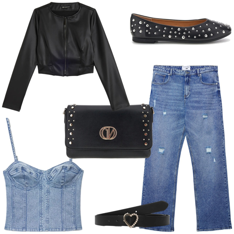 Outfit donna - Grintosa. Stile Trendy per Tutti i giorni. Abbinamento con giacche, cinture, jeans strappati, top, ballerine, borse a tracolla.