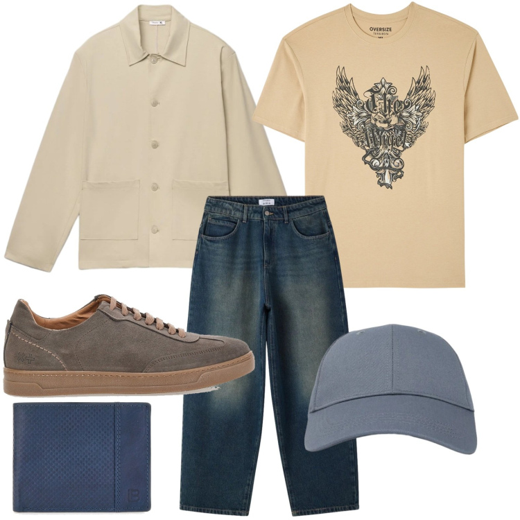 Outfit uomo - Shacket tinta sabbia. Stile Casual per Tutti i giorni. Abbinamento con t-shirt, portafogli, sneakers, cappelli con visiera, cappotti, jeans.