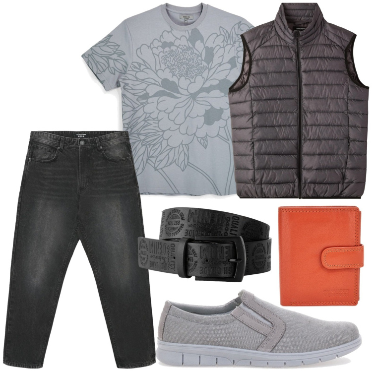 Outfit uomo - La t-shirt è tornata. Stile Trendy per Tutti i giorni. Abbinamento con cinture, portafogli, sneakers, piumini, jeans, t-shirt.