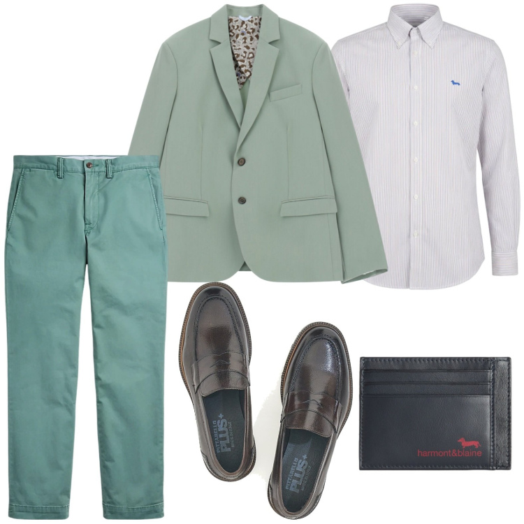 Outfit uomo - Tendenza di stagione. Stile Casual per Tutti i giorni. Abbinamento con portafogli, camicie, giacche, pantaloni, scarpe stringate.
