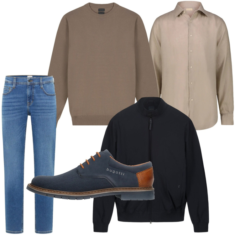 Outfit uomo - Linee pulite. Stile Trendy per Tutti i giorni. Abbinamento con jeans bootcut, scarpe stringate, camicie, maglieria, bomber.