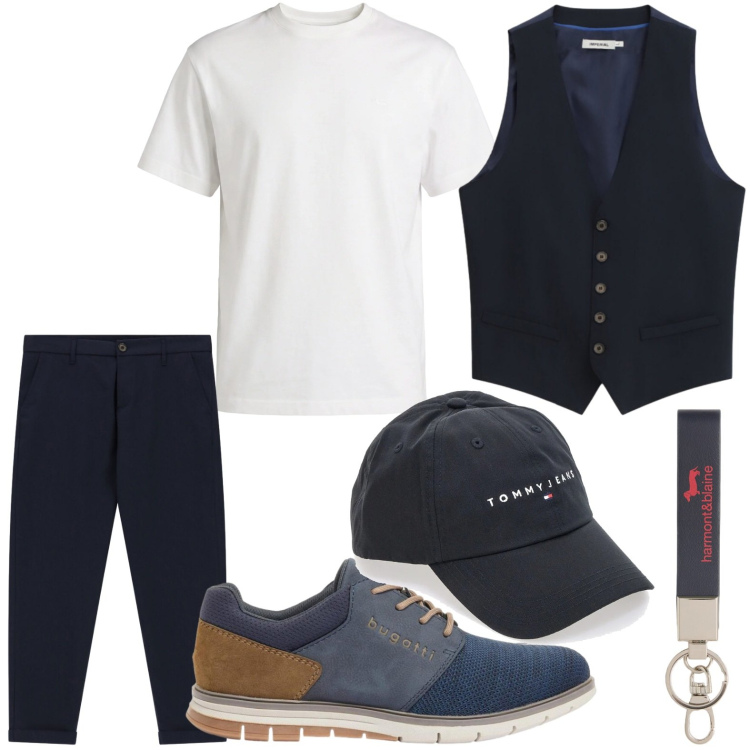 Outfit uomo - Impeccabile con il gilet. Stile Casual per Tutti i giorni. Abbinamento con scarpe stringate, t-shirt, portachiavi, pantaloni, gilet, cappelli con visiera.