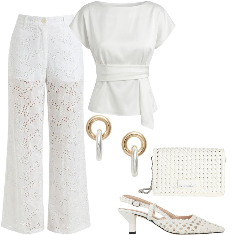 Outfit donna - Cloud dancer. Stile Trendy per Tutti i giorni. Abbinamento con décolleté, borse a tracolla, pantaloni, bluse, orecchini.